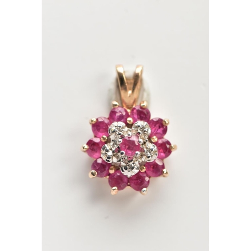 29 - A RUBY AND DIAMOND CLUSTER PENDANT, eleven circular cut rubies prong set in yellow metal, together w... 