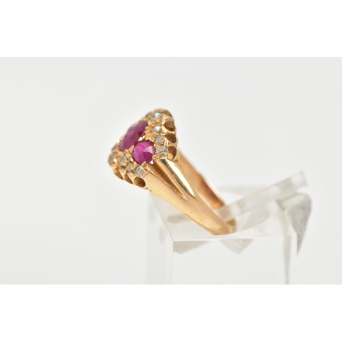 3 - AN EARLY 20TH CENTURY DIAMOND AND RUBY RING, designed with three oval cut rubies, within a surround ... 