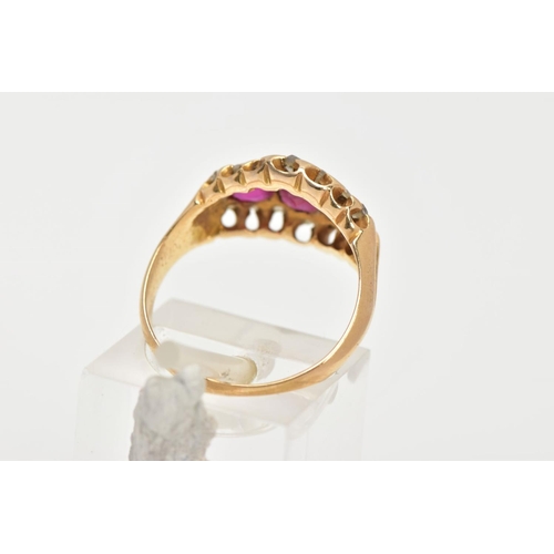 3 - AN EARLY 20TH CENTURY DIAMOND AND RUBY RING, designed with three oval cut rubies, within a surround ... 