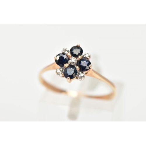 31 - A 9CT GOLD SAPPHIRE AND DIAMOND RING, four circular cut blue sapphires set with five round brilliant... 