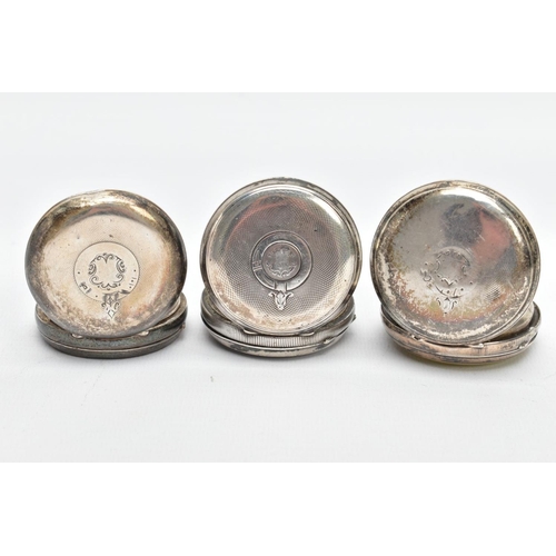 39 - THREE SILVER OPEN FACE POCKET WATCHES, to include a Sheppard Bros pocket watch, approximate diameter... 