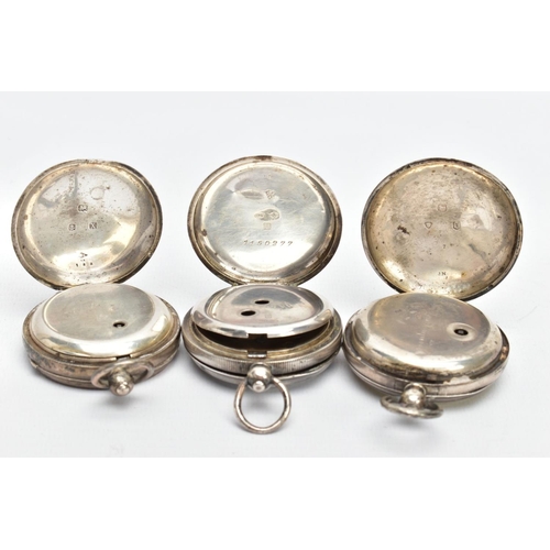 39 - THREE SILVER OPEN FACE POCKET WATCHES, to include a Sheppard Bros pocket watch, approximate diameter... 