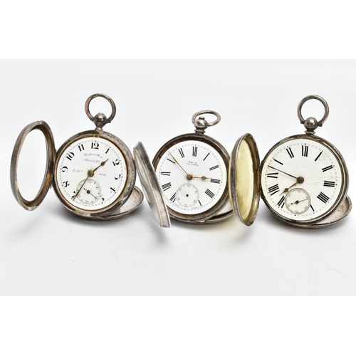 39 - THREE SILVER OPEN FACE POCKET WATCHES, to include a Sheppard Bros pocket watch, approximate diameter... 