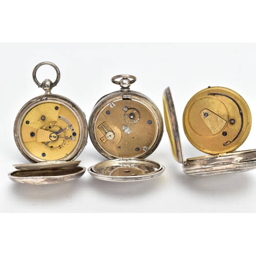 39 - THREE SILVER OPEN FACE POCKET WATCHES, to include a Sheppard Bros pocket watch, approximate diameter... 