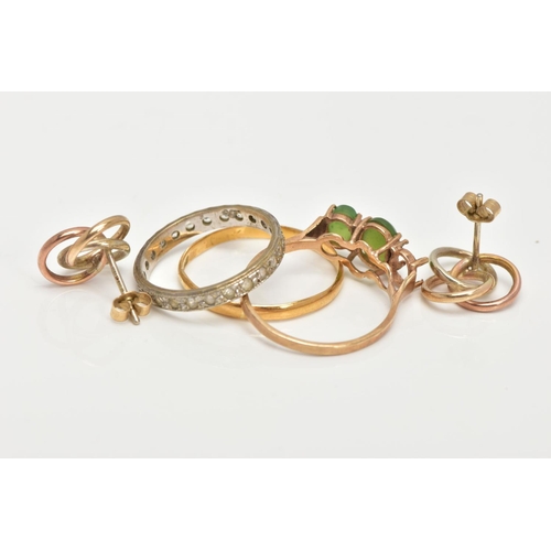 4 - A 22CT GOLD BAND RING, TWO OTHER RINGS AND A PAIR OF 9CT GOLD EARRINGS, to include a thin plain poli... 