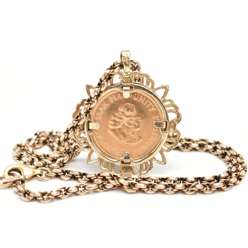 40 - A MOUNTED 1/4 KRUGERRAND COIN AND CHAIN, a South African two rand 1976 krugerrand coin, detailing a ... 