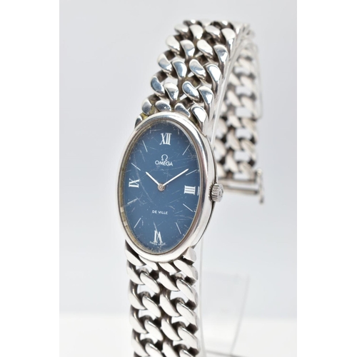 42 - A LADYS 'OMEGA' WRISTWATCH, blue oval face, singed 'Omega De Ville, Swiss made', Roman numerals at t... 