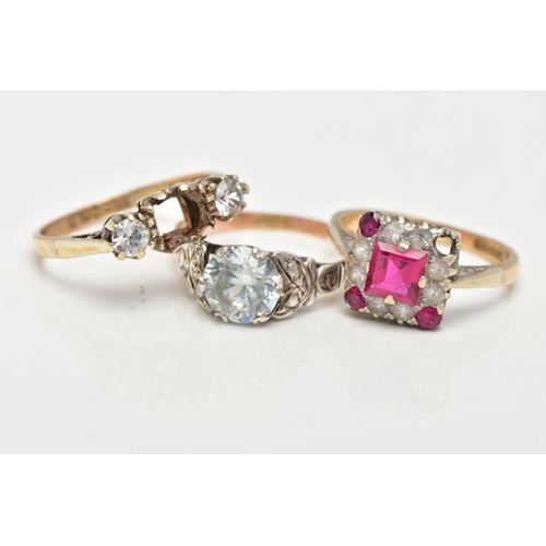 43 - A 9CT GOLD RING AND TWO YELLOW METAL RINGS, pink and colourless paste set in a 9ct gold mount, hallm... 