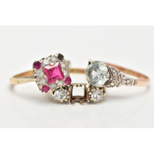 43 - A 9CT GOLD RING AND TWO YELLOW METAL RINGS, pink and colourless paste set in a 9ct gold mount, hallm... 