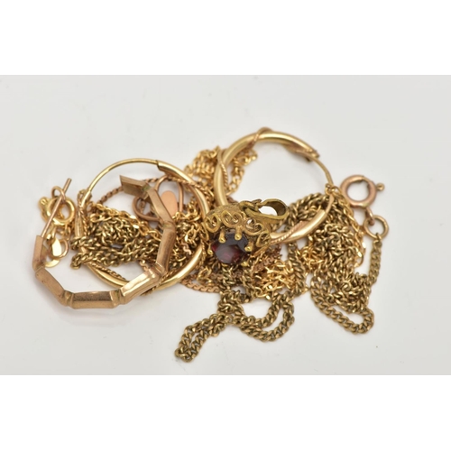 46 - AN ASSORTMENT OF 9CT GOLD AND YELLOW METAL JEWELLERY, to include a fine curb chain, approximate leng... 