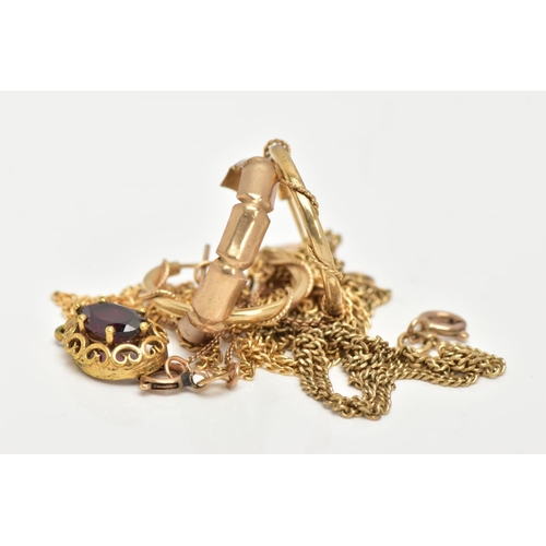 46 - AN ASSORTMENT OF 9CT GOLD AND YELLOW METAL JEWELLERY, to include a fine curb chain, approximate leng... 