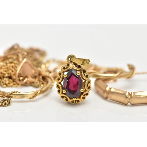 46 - AN ASSORTMENT OF 9CT GOLD AND YELLOW METAL JEWELLERY, to include a fine curb chain, approximate leng... 