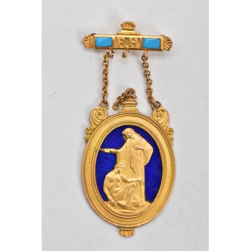 47 - A 9CT GOLD AND ENAMEL MASONIC FOB BROOCH, a gold oval frame depicting a kneeling man and a robed wom... 