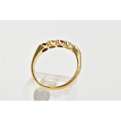 49 - AN 18CT GOLD RUBY AND DIAMOND HALF ETERNITY RING, designed with three circular cut rubies, interspac... 