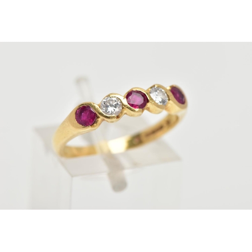 49 - AN 18CT GOLD RUBY AND DIAMOND HALF ETERNITY RING, designed with three circular cut rubies, interspac... 