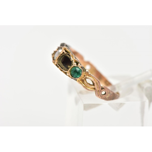 5 - A MID 20TH CENTURY 15CT GOLD RING, AF (missing two stones), set with a central pearl, and two green ... 