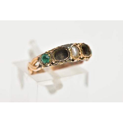 5 - A MID 20TH CENTURY 15CT GOLD RING, AF (missing two stones), set with a central pearl, and two green ... 