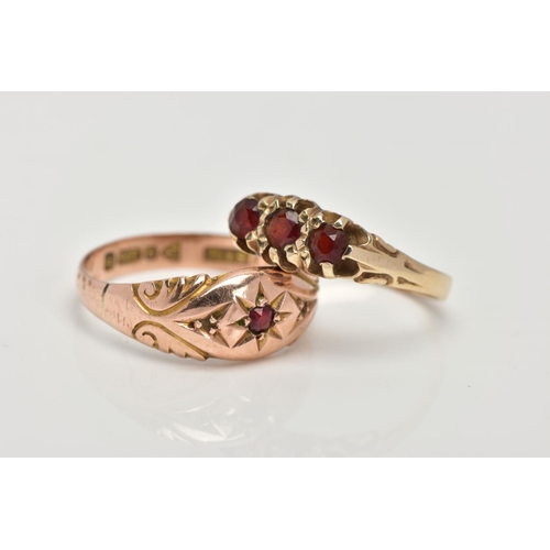 53 - TWO 9CT GOLD GARNET RINGS, the first an early 20th century ring, with a star set circular cut garnet... 