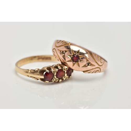 53 - TWO 9CT GOLD GARNET RINGS, the first an early 20th century ring, with a star set circular cut garnet... 