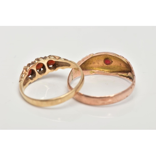 53 - TWO 9CT GOLD GARNET RINGS, the first an early 20th century ring, with a star set circular cut garnet... 