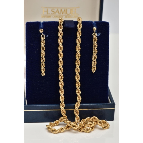 54 - A 9CT GOLD ROPE TWIST CHAIN AND MATCHING EARRINGS, the chain fitted with a spring clasp, hallmarked ... 