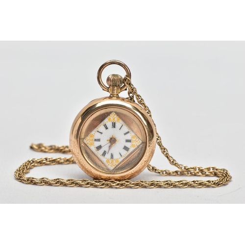 55 - A YELLOW METAL OPEN FACE POCKET WATCH WITH CHAIN, round white and gold detailed dial, Roman numerals... 