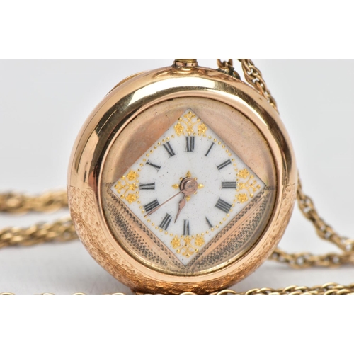 55 - A YELLOW METAL OPEN FACE POCKET WATCH WITH CHAIN, round white and gold detailed dial, Roman numerals... 