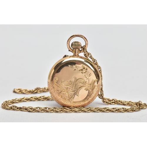 55 - A YELLOW METAL OPEN FACE POCKET WATCH WITH CHAIN, round white and gold detailed dial, Roman numerals... 