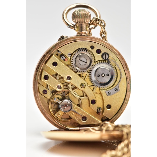 55 - A YELLOW METAL OPEN FACE POCKET WATCH WITH CHAIN, round white and gold detailed dial, Roman numerals... 