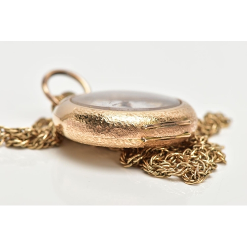 55 - A YELLOW METAL OPEN FACE POCKET WATCH WITH CHAIN, round white and gold detailed dial, Roman numerals... 