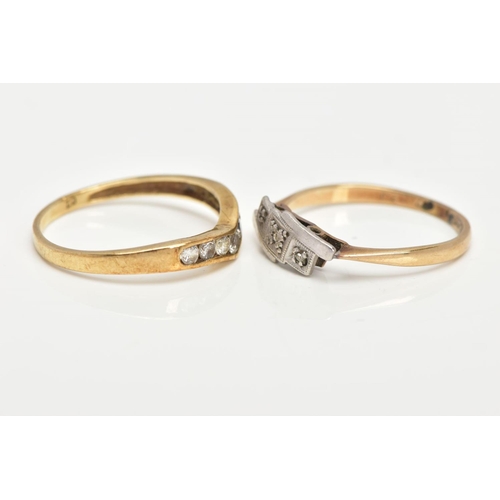 59 - TWO 9CT GOLD RINGS, the first a '9ct and plat' ring set with three very small rose cut diamonds, rin... 