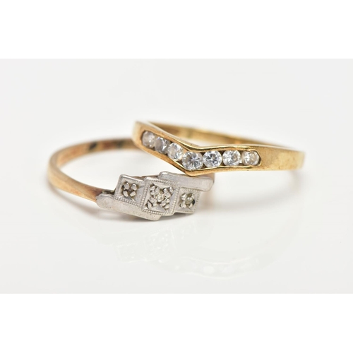 59 - TWO 9CT GOLD RINGS, the first a '9ct and plat' ring set with three very small rose cut diamonds, rin... 