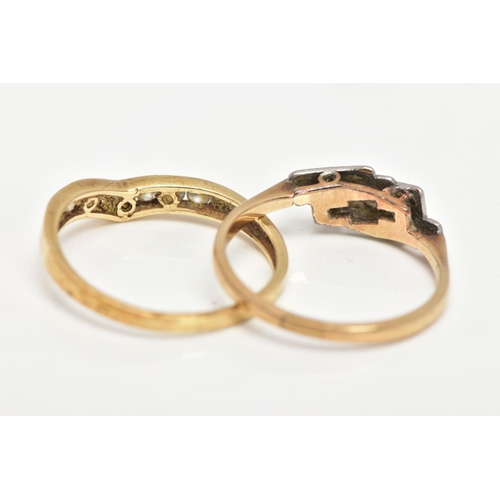 59 - TWO 9CT GOLD RINGS, the first a '9ct and plat' ring set with three very small rose cut diamonds, rin... 