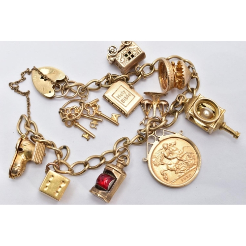 60 - A 9CT GOLD CHARM BRACELET WITH HALF SOVEREIGN CHARM, curb link bracelet, each link stamped 9.375, su... 