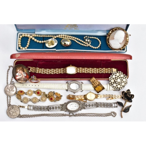 62 - A BAG OF ASSORTED JEWELLERY, to include a lady's silver marcasite quartz wristwatch, oval white dial... 