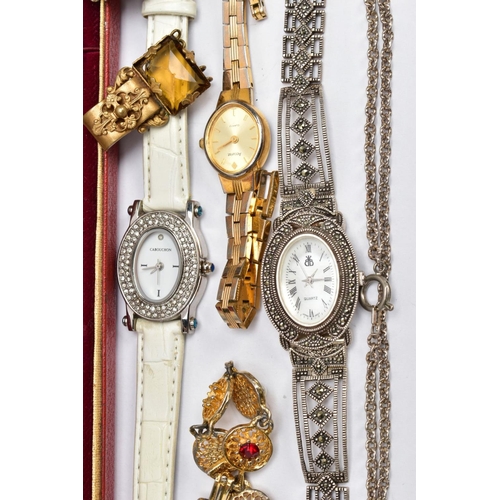 62 - A BAG OF ASSORTED JEWELLERY, to include a lady's silver marcasite quartz wristwatch, oval white dial... 