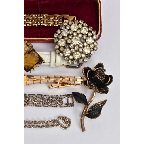 62 - A BAG OF ASSORTED JEWELLERY, to include a lady's silver marcasite quartz wristwatch, oval white dial... 