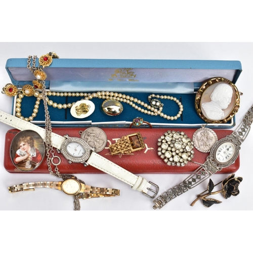 62 - A BAG OF ASSORTED JEWELLERY, to include a lady's silver marcasite quartz wristwatch, oval white dial... 