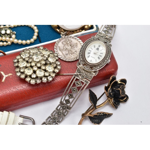 62 - A BAG OF ASSORTED JEWELLERY, to include a lady's silver marcasite quartz wristwatch, oval white dial... 