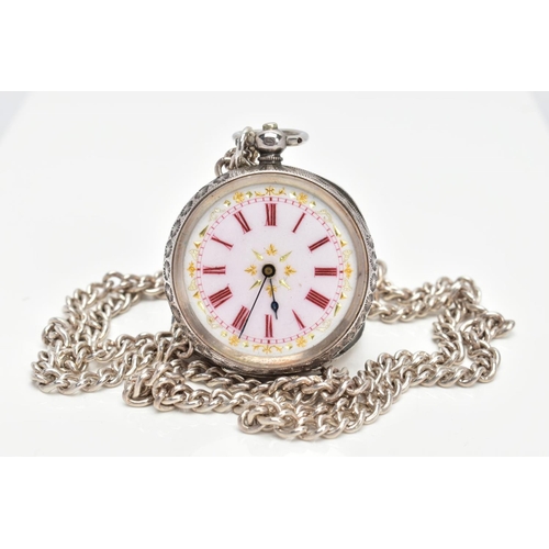 65 - A LADYS OPEN FACE POCKET WATCH AND CHAIN, round white dial with gold detailing, red Roman numerals, ... 