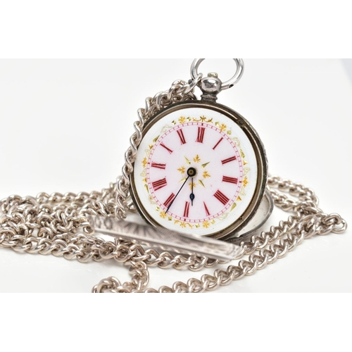 65 - A LADYS OPEN FACE POCKET WATCH AND CHAIN, round white dial with gold detailing, red Roman numerals, ... 