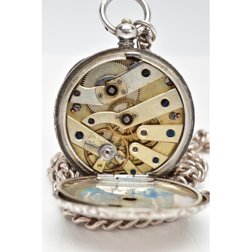 65 - A LADYS OPEN FACE POCKET WATCH AND CHAIN, round white dial with gold detailing, red Roman numerals, ... 