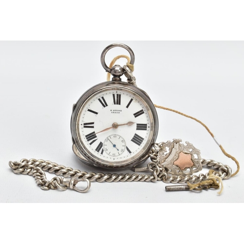 66 - A SILVER OPEN FACE POCKET WATCH AND ALBERT CHAIN, the pocket watch with a round white dial signed 'H... 