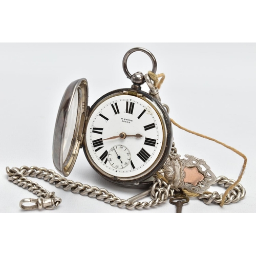 66 - A SILVER OPEN FACE POCKET WATCH AND ALBERT CHAIN, the pocket watch with a round white dial signed 'H... 