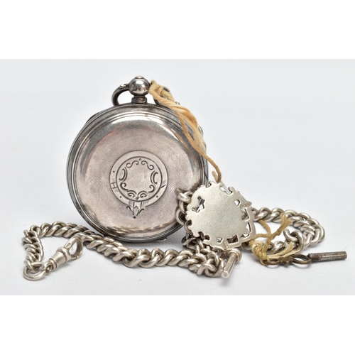 66 - A SILVER OPEN FACE POCKET WATCH AND ALBERT CHAIN, the pocket watch with a round white dial signed 'H... 