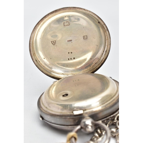 66 - A SILVER OPEN FACE POCKET WATCH AND ALBERT CHAIN, the pocket watch with a round white dial signed 'H... 