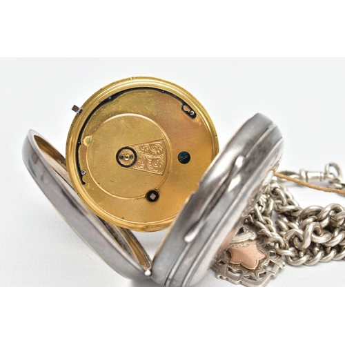 66 - A SILVER OPEN FACE POCKET WATCH AND ALBERT CHAIN, the pocket watch with a round white dial signed 'H... 