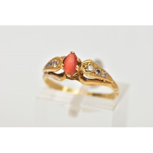 70 - A 22CT GOLD GEM SET RING, set with a central oval cats eye chrysoberyl, six claw setting, flanked wi... 