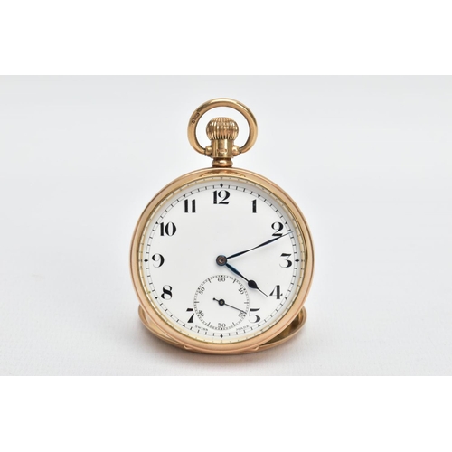 79 - A 9CT GOLD OPEN FACE POCKET WATCH, (working) round white dial, Arabic numerals, seconds subsidiary d... 