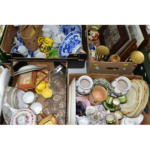 772 - FOUR BOXES OF CERAMICS, GLASS AND PICTURES ETC, to include seven Booths kidney shaped dishes, Shelle... 